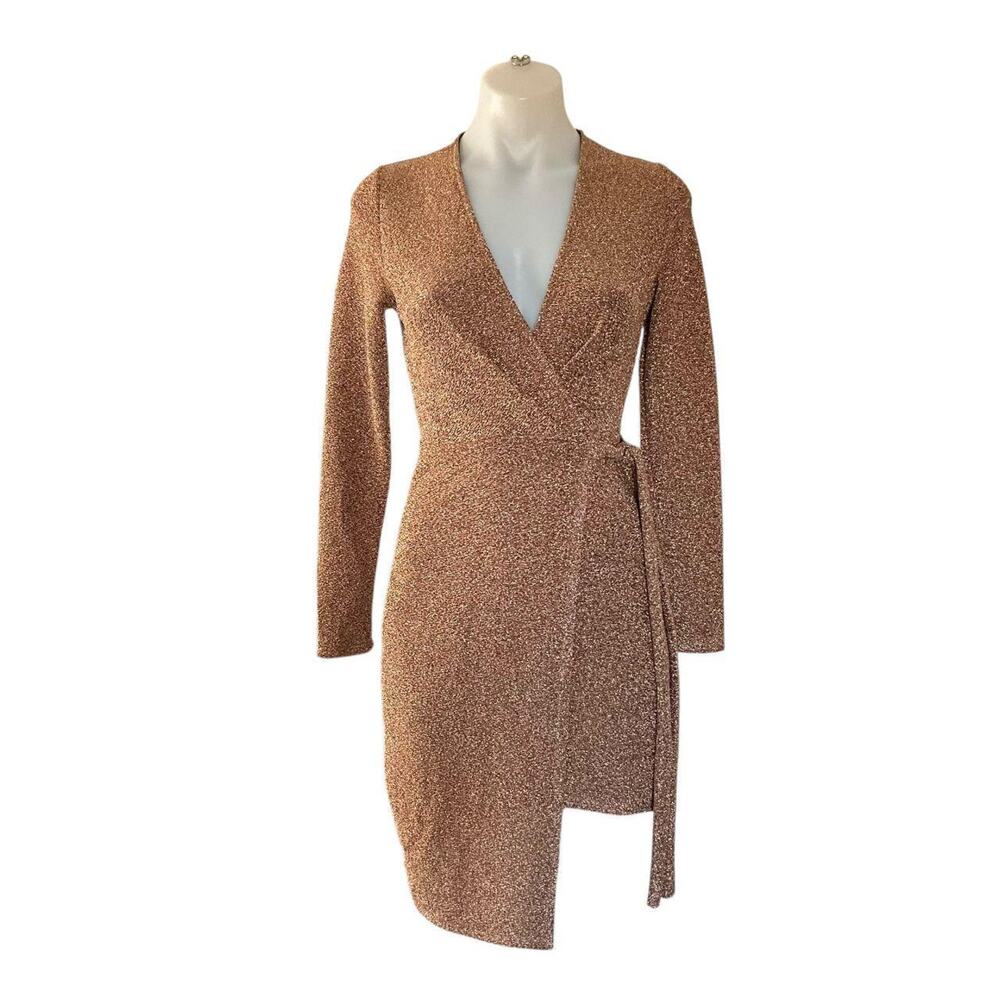 Fashion Nova Golden Wrap Glitter Dress: Modern